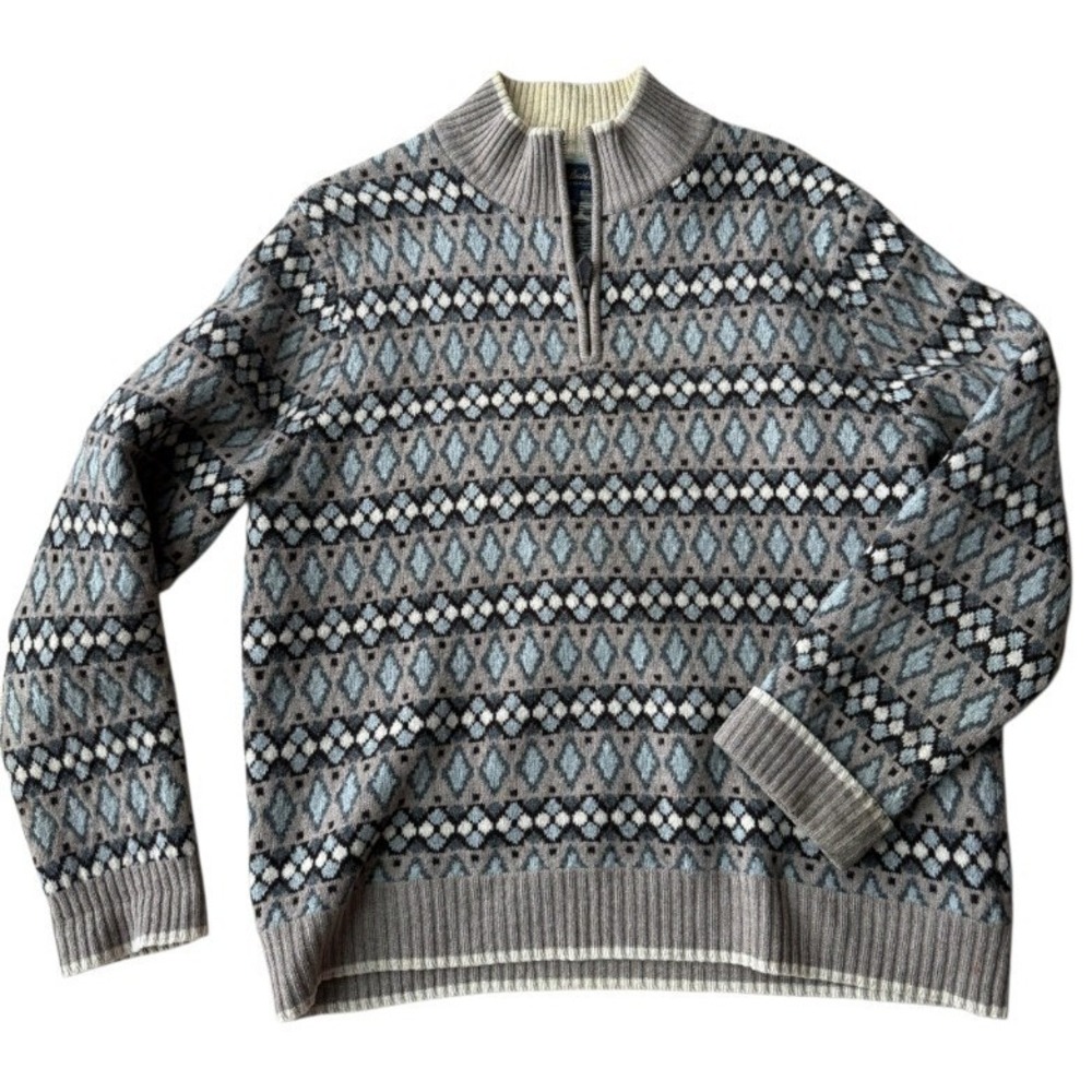 Brooks Brothers Mens L Scottish Lambswool Fair Isle Quarter Zip Sweater Preppy